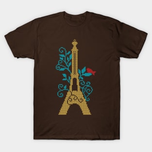 Eiffel Tower custom embroidery cross stitch like design T-Shirt